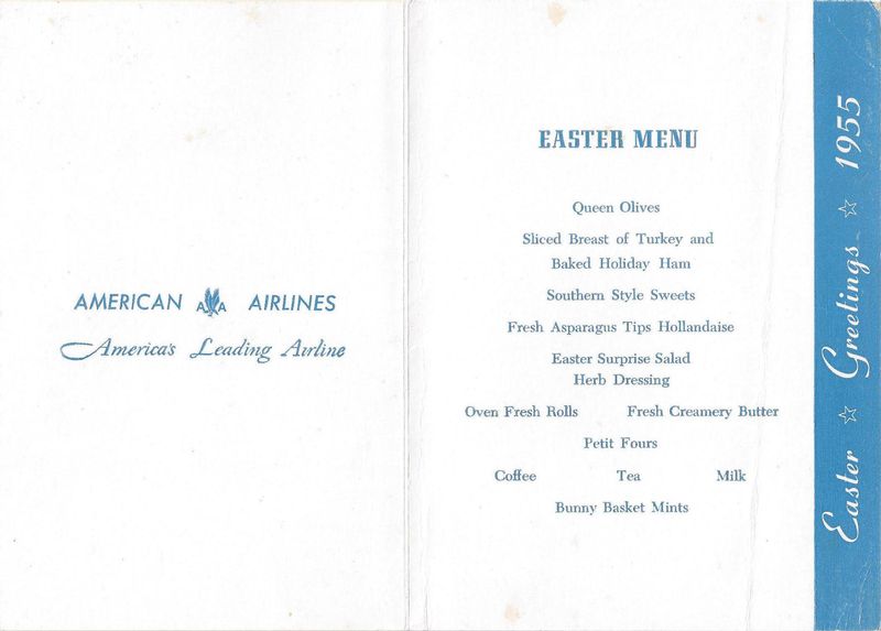 American Promo AI 15A.jpg :: American Airlines, USA. Menu postcard, Easter 1955. Image courtesy of John Anderson.