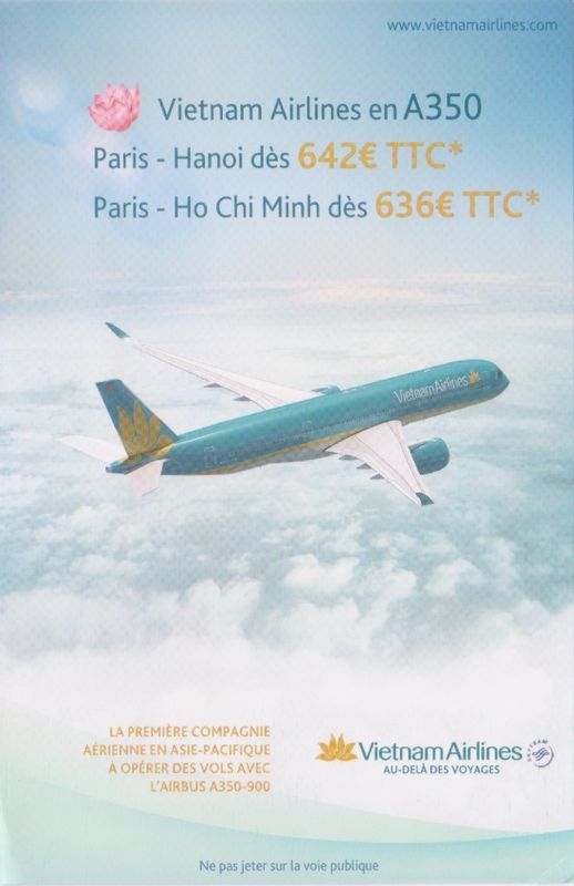 Vietnam Airlines A350 AI 1.jpg :: Vietnam Airlines, Vietnam. Issued by the airline in France. Non postcard reverse side.