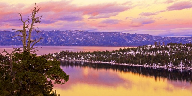 Emerald Bay Sunset 03c1.jpg :: Sunset on Emerald Bay, Lake Tahoe, California.  The sun is behind the camera casting a beautiful alpine glow over the region.