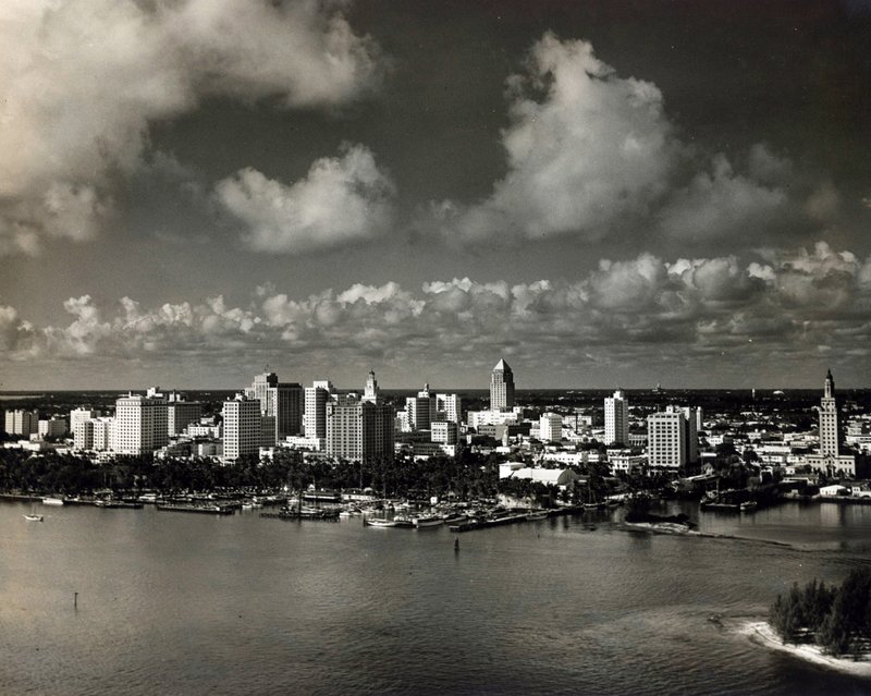 LANDSCAPES  SCENICS 8-59 aerial skyline view of downtown Miami and Biscayne Bay c. 1950..jpg