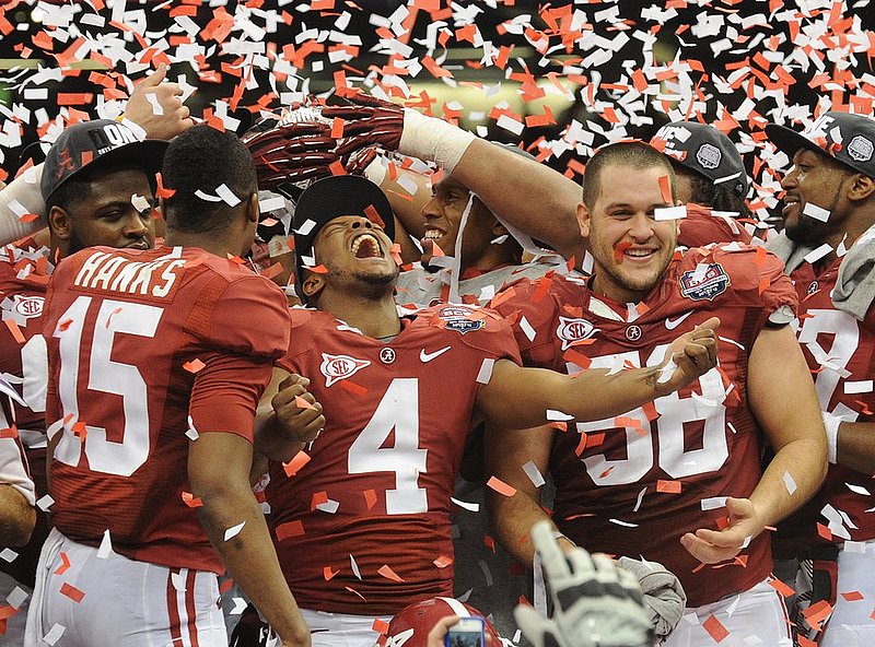 1129 LSU ALABAMA_027.jpg :: Alabama wide receiver Marquis Maze (4) celebrates with teammates after the game in the 2012 BCS National Championship game in the Mercedes-Benz Superdome Monday, January 9, 2012 in New Orleans, La. (Birmingham News, Hal Yeager)