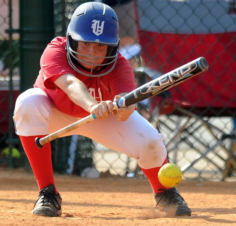 51912 CLASS 6A  VESTAVIA DOTHAN_005.jpg :: Vestavia's Olivia Cooper lays down a bunt vs  Dothan in a Class 6A game of the AHSAA State Softball Championships at Lagoon Park Saturday May 19, 2012 in Montgomery, Ala. (The Birmingham News, Hal Yeager)