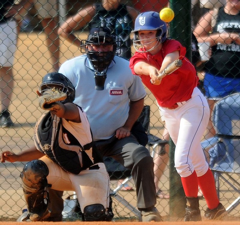 51912 CLASS 6A  VESTAVIA DOTHAN_009.jpg :: Vestavia's Sydney Cooper gets a hit vs Dothan in a Class 6A game of the AHSAA State Softball Championships at Lagoon Park Saturday May 19, 2012 in Montgomery, Ala. (The Birmingham News, Hal Yeager)