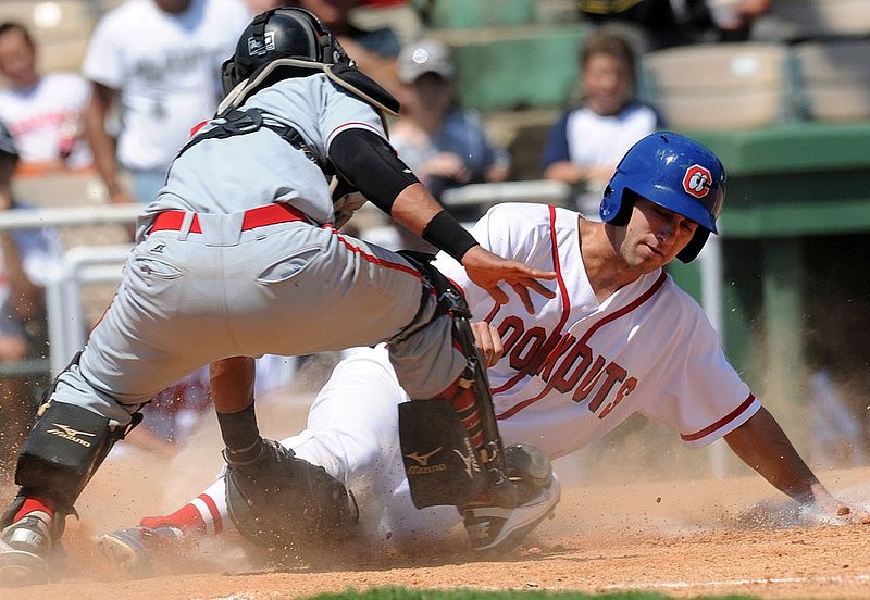 53012 RICKWOOD CLASSIC_002.jpg :: Barons catcher Luis Sierra tags out Lookouts' Jake Lemmerman at the Rickwood Classic at Rickwood Field Wednesday May 30, 2012 in Birmingham, Ala. (The Birmingham News, Hal Yeager)