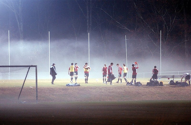 MBVESTSOKER.jpg :: MBVESTSOKER --Mt. Brook vs Vestavia 16 and under boys and 15 and under boys soccer. MB under 16 team gets ready to play in the fog. News staff/Hal Yeager reporter/Solomon