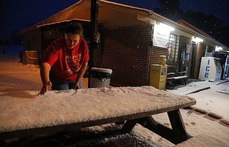 WINTER WEATHER ALHY10256.jpg :: Employee Brandy Aaron scrapes snow to make snow cream at Ralph's Lil River Canyon Grocery and Grill as snow falls on north Alabama Tuesday Feb. 11,  2014 in Fort Payne Ala. Residents were waking up to a heavy blanket of snowfall that was expected to continue throughout the morning. (AP Photo/Hal Yeager)