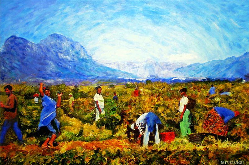 HARVEST TIME-.jpg :: This painting captures the playfulness as well as the back-breaking work, as workers hand-pick the grapes. To purchase a fine art limited edition of this piece, contact DurstArt@aol.com or press Contact above.