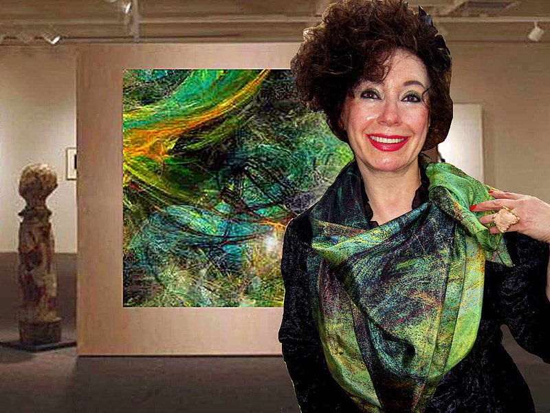Intricate Love Scarf1.jpg :: This photo is of Karen Sherman standing in front of the Intricate Love painting, while wearing the silk scarf of the same painting.To purchase a fine art print of this digital image go to michael-durst.artistwebsites.com  To view comments, click on \