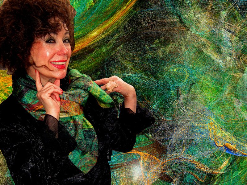 Intricate Love Scarf2.jpg :: This photo is of Karen Sherman standing in front of the Intricate Love painting, while wearing the silk scarf of the same painting.  To purchase a fine art print of this digital image go to michael-durst.artistwebsites.com  To view comments, click on \