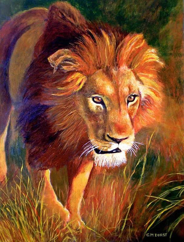 LION AT SUNSET.jpg :: To purchase the original painting, framed or unframed, contact DurstArt@aol.com
