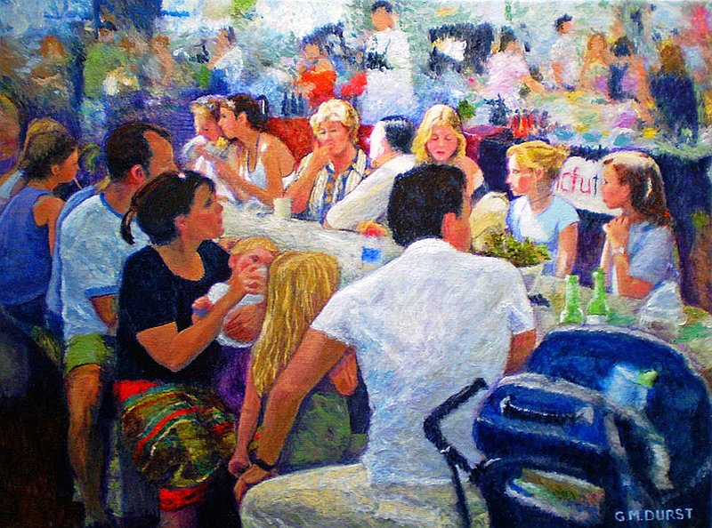 LUNCH AT THE OLD BISCUIT MILL.jpg :: To purchase a fine art limited edition of this piece, contact DurstArt@aol.com or press Contact above. 