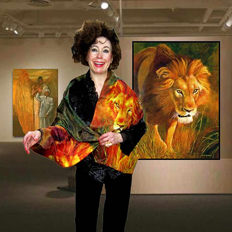 The Lion Scarf.jpg :: This is a photo of Karen Sherman wearing the Lion At Sunset silk scarf.To purchase a fine art print of this digital image go to michael-durst.artistwebsites.com  To view comments, click on \