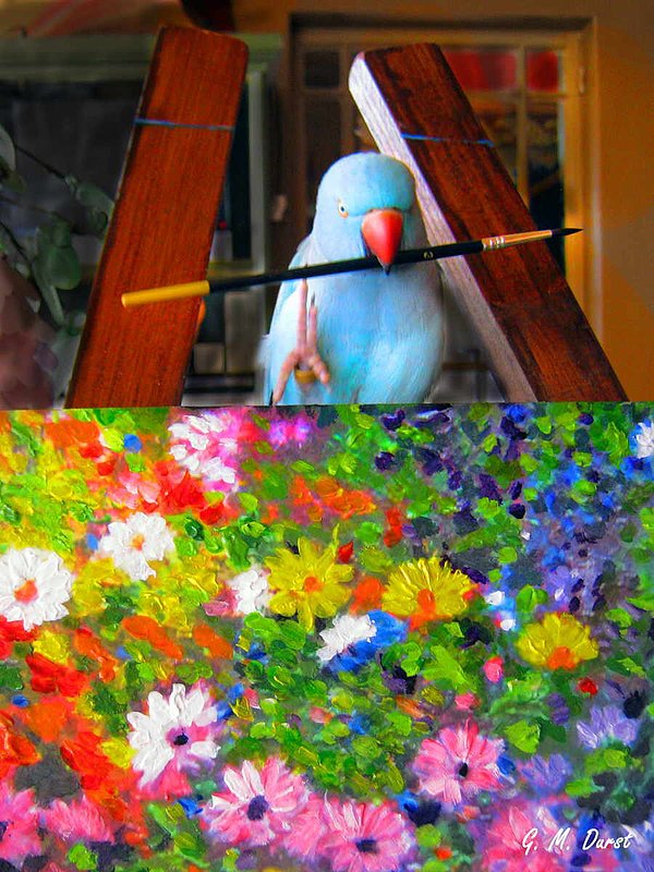The Truth.jpg :: Most people know that Birdie, my blue ringneck parrot sits on my shoulder while I paint. But now the truth is out, since this photo has been published by Wikkileaks. She is the one who does the painting! My apologies to Birdie and my fans! To acquire a fine art print of this photo, press Contact above. 