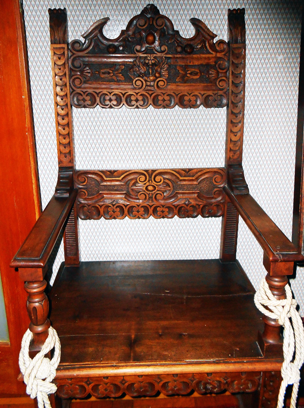 Italian Renaissance Throne Chair.jpg :: Italian Renaissance with incredible detail on the seat back in the style of the Jacobeans, which contrasts with the plank seat designed for seat cushions, and the tailored turnings of the legs below, which are connected with pegged mortise and Tenon joints. Handcrafted from solid oak, they're ideal for Spanish, Italian or any Mediterranean look!