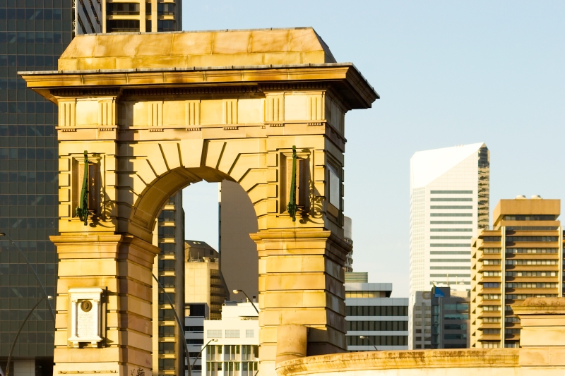 Australia 013.jpg :: The memorial arch contrasts with the modern buildings behind. Southbank Brisbane, Queensland, Australia