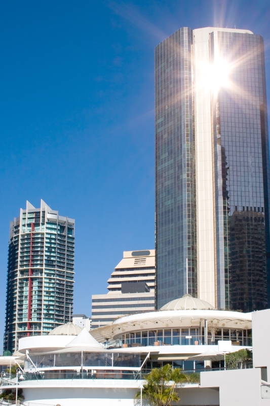 Australia 022.jpg :: The sun glints off a tower block at the riverside, Brisbane, Queensland, Australia