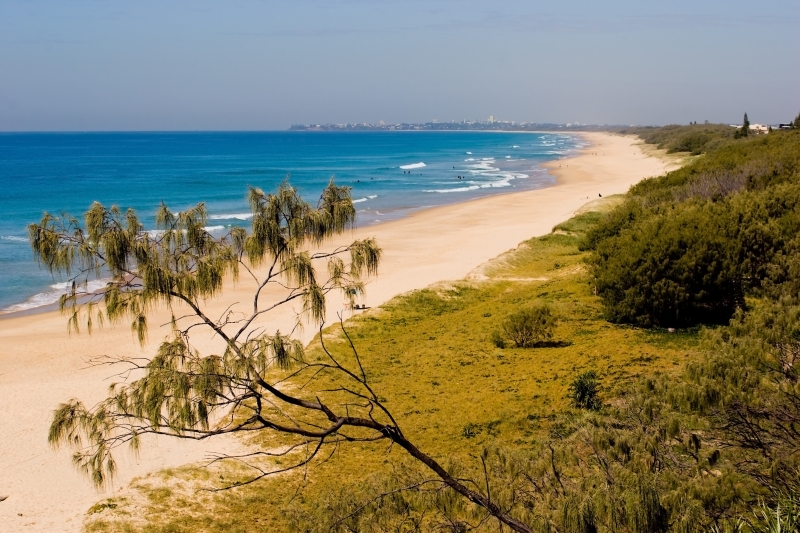 Australia 052.jpg :: A long sandy beach on the Sunshine Coast of Queensland Australia with the city of Brisbane in the distance