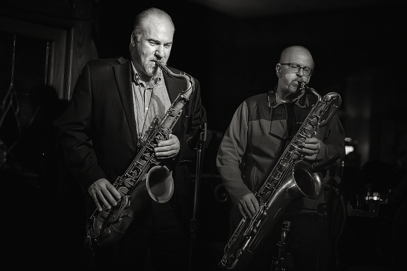 25OffCabotDuke-Mark-Doug_9748g.jpg :: MARK EARLEY and DOUG JAMES with Duke Robillard at Off Cabot in Beverly, Massachusetts on December 27, 2025