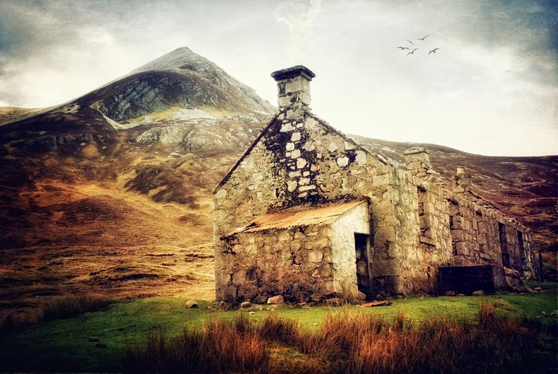 Bothy.jpg :: Meet me at the old Bothy
my sweetheart bonnie lass
Near a snow covered hilltop
that guards a secret  pass.

We'll ride out to the forest
upon a spotted fawn
to dance with twinkling faeries
in the misty morning dawn.