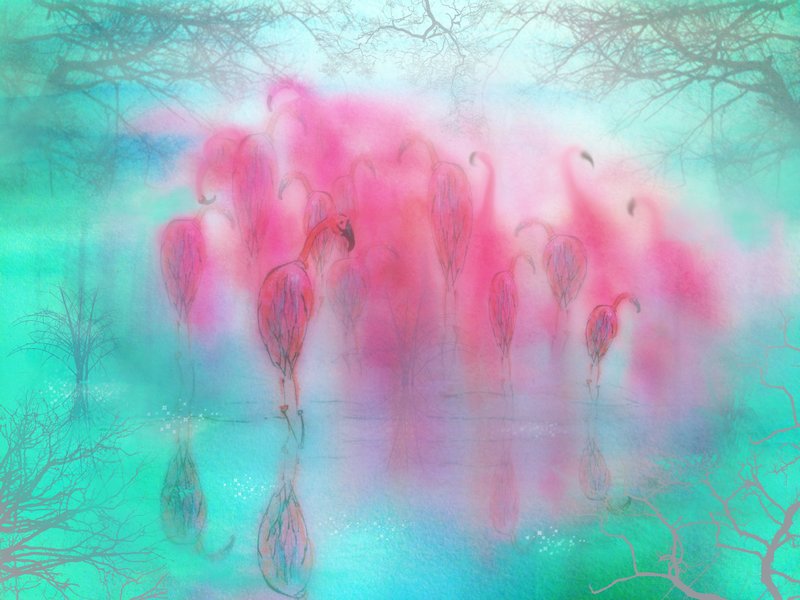 Flamingo Dream.jpg :: Mixed Media in Watercolor and Photoshop Painting
