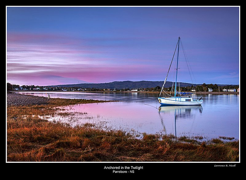 _MG_1870 -Anchored in the Colours of Sunset.jpg :: At tides turn in the Bay of Fundy a boat anchors in the twilight