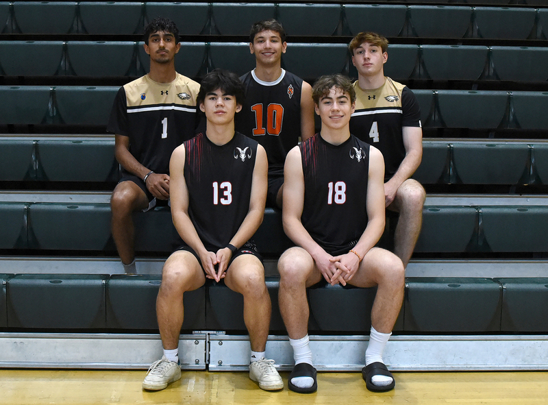All FCIAC Boys VB 2025(1).jpg :: The 2025 All-FCIAC boys volleyball first team. From left, front row, Dylan Ho and Nolan McLaughlin, New Canaan; back row, Aryan Gautam, Trumbull; John Thomas, Stamford; and Deam Chmberlin, Trumbull. Not pictured: Thomas Herget, Darien; and Brian Divino and Pierce Brown, Staples.