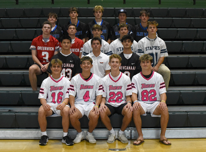 All-FCIAC Boys Lacrosse 2025.jpg :: The 2025 All-FCIAC Boys Lacrosse First Team. From left, first row, Des Couri, Brandon Penn, Jack Kirchner and Jake Carney, Ridgefield; second row, Ryan Leahy, Will Hayes, and Cole Campisi, New Canaan; third row, Colin Zaller and Mikey Brescia, Greenwich; Adam Udell, Josh Marcus, and Tristan Schaefer, Staples; back row, Max McBride, Ben Bilodeau, Mark McNamara, Wes Scallen, Ryan Thurlow, Darien. Not pictured: Bryce Lyden, JT O’Neil, Brayden Robie and Grey Wildman, New Canaan; Chris Colsey, Ridgefield; Max Hill, Staples.