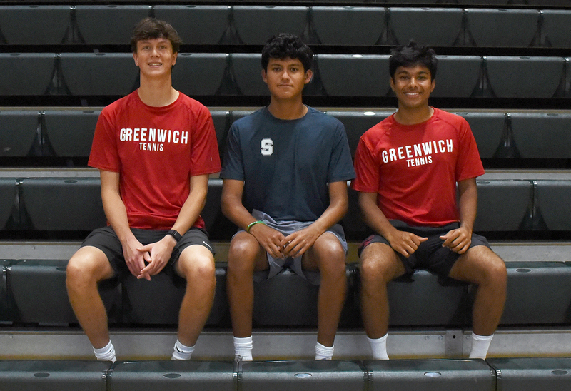 All-FCIAC Boys Tennis Team(1).jpg :: The 2025 All-FCIAC Boys Tennis First Team. From left, Nicholas Frumin, Greenwich; Lucas Ceballos-Cala, Staples; and Rohan Mittal, Greenwich. Not pictured: Kai Collins, Oscar Barton and Dallas White, Darien; Jackson Mountford, New Canaan; Noah Wolff and Brett Lampert, Staples; Justin Ilie and Dean Jackson, Trumbull; Rachit Jha, Westhill.