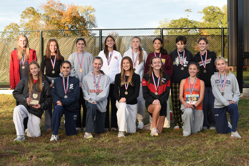 All-FCIAC Girls Cross Country First Team(1).jpg :: All-FCIAC Girls Cross Country First Team - From left, front row, Sophie Passalacqua, Greenwich; Sarah Bogdan, Staples; Sienna De Kanter, New Canaan; Georgina Harrington, New Canaan; Alexandra Morgan, Warde; Angelina Ruggeri, Ridgefield; and Avery Kalter, Staples; back row, Eliana Daplyn, Greenwich; Meghan Elterich, Warde; Gabrielle Savelli, New Canaan; Adriana Bozza, Greenwich; Anasofia Monteirio, St. Joseph; Margaret McCooe, Greenwich; Maura Kane, Trumbull; and Mairead Greiner, New Canaan.