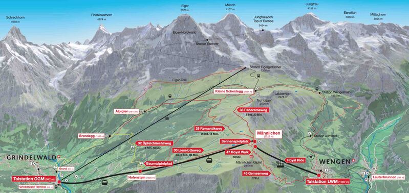 GrindelwaldEigerletscherWengen (1).jpg :: A good representation of the terrain between Grindelwald, Wengen to Lauterbrunnen with the mountains of the Jungfrau behind.
