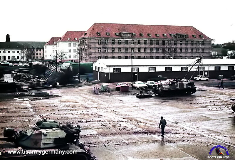 3rd Inf Div (9th Eng Bn) - A2580M.jpg :: 3rd Inf Div, 9th Eng Bn, Post -Vietnam War - US ARMY PHOTO: 9th Eng Bn, 64th Armor motor pool area on Ready Barracks, Aschaffenburg, 1975-77.
