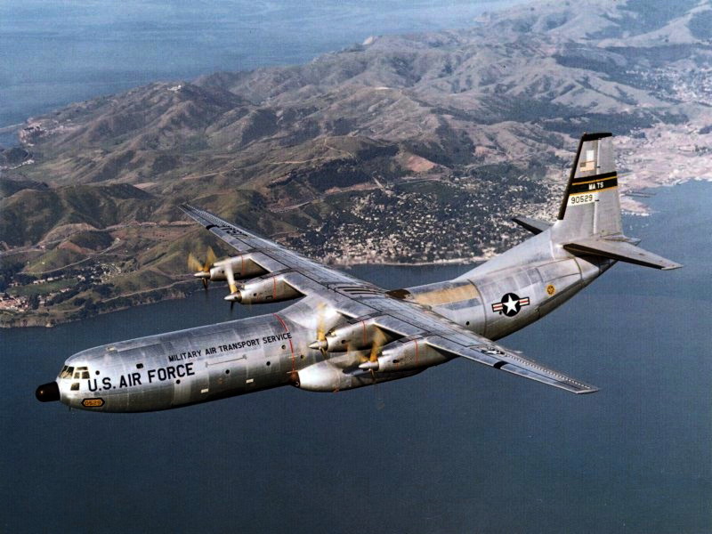 Douglss (C-133B) Cargomaster - AF16999.jpg :: Douglas (C-133), Cargomaster, Vietnam War - US AIR FORCE PHOTO: A U.S. Air Force Douglas C-133B-DL Cargomaster (s/n 59-0529) of the 1501st Air Transport Wing over San Francisco Bay in 1960. This aircraft was on display at New England Air Museum, Bradley, Connecticut (USA), but was destroyed by a tornado on 3 Oct 1979.