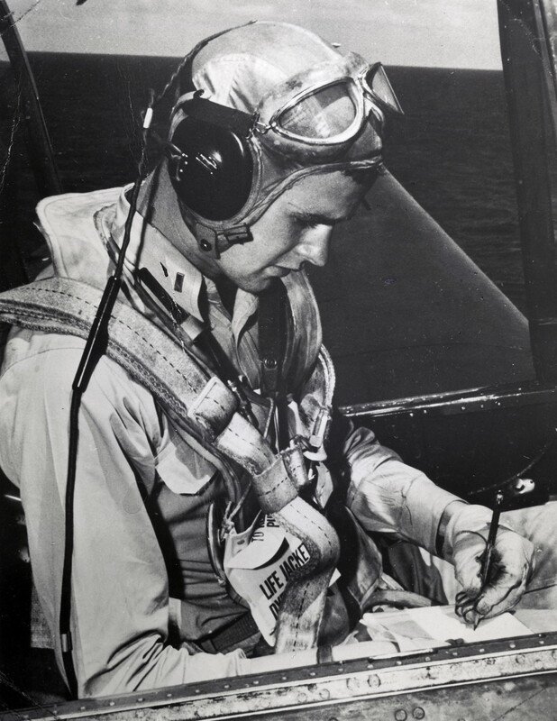 George W Bush (Pilot) - D23242D.jpg :: Bush, George W., Pilot, WW II - US NAVY PHOTO: A file photo taken in 1944 of Navy pilot George H. W. Bush in the cockpit of his Grumman TBF Avenger torpedo bomber.