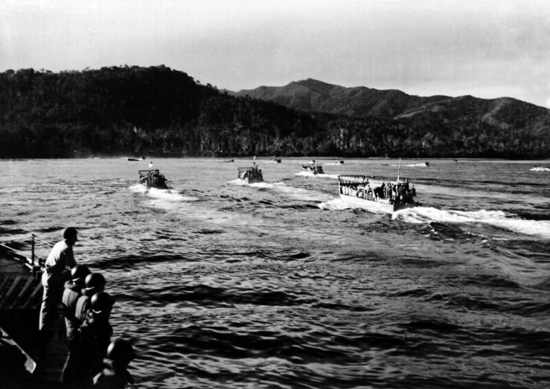 LSTs (Green Beach) - B23755.jpg :: LST's, Landing Ship Tank, WW II - US ARMY PHOTO: Landing craft bringing reinforcements to 'Green Beach' on Sansapor, Dutch New Guinea, D plus one day, 31 Jul 1944.