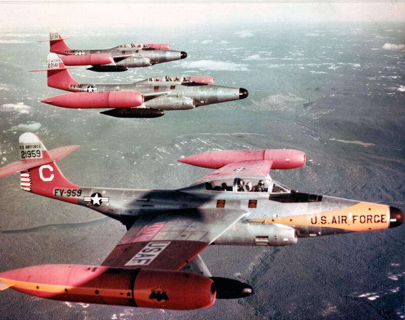 Northrop Grumman (F-89) - AA15133.jpg :: Northrop Grumman (F-89), Scorpion, Vietnam War - US AIR FORCE PHOTO: U.S. Air Force Northrop F-89D-45-NO Scorpion interceptors of the 59th Fighter Interceptor Squadrons, Goose Bay AB, Labrador (Canada), in the 1950s. 52-1959 in foreground, now in storage at Edwards AFB, CA.