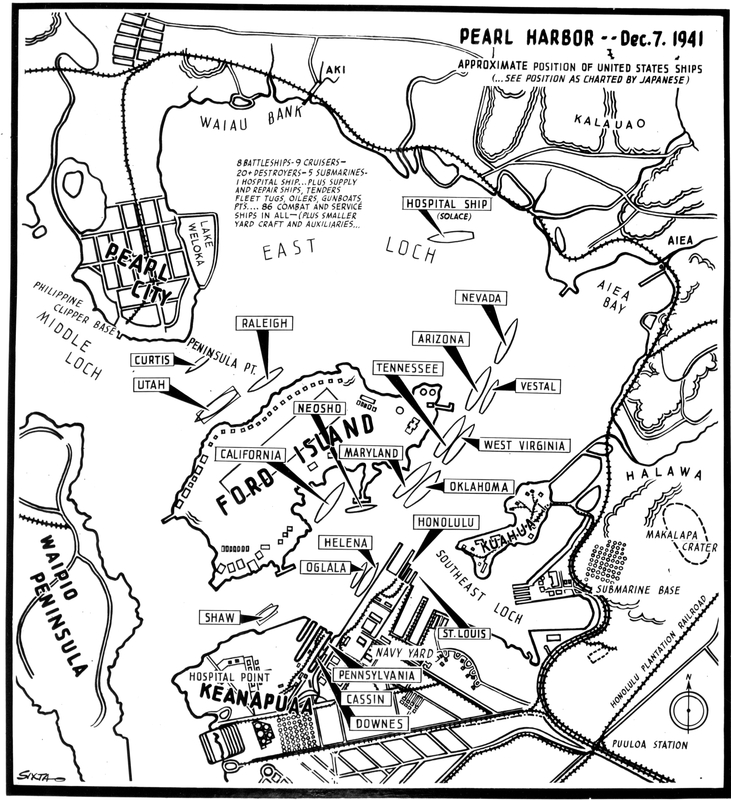 Pearl Harbor (Map) - B30401.jpg :: Pearl Harbor, Map, WW II - US NAVY PHOTO: Map of P.H., one of approx 40 new pictures of combat action during first six months of Pacific war, released in connection with publication of \