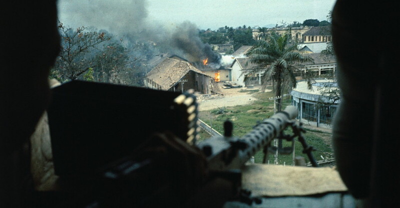 Tet Offensive - V27175A.jpg :: Battle of Hue, Vietnam War - US MARINES PHOTO: View from machine gun position during the Battle of Hue. An estimated 5,000 communist soldiers were killed by American air and artillery strikes.