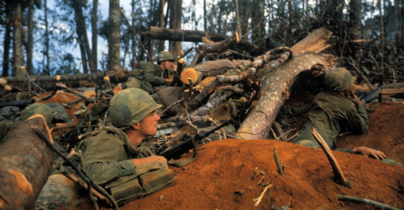 Tet Offensive - V27175C.jpg :: Tet Offensive, Vietnam War - US MARINES PHOTO: Battle of Hamo Village During the Tet Offensive. US Marines and ARVN troops defend a position against enemy attack.
