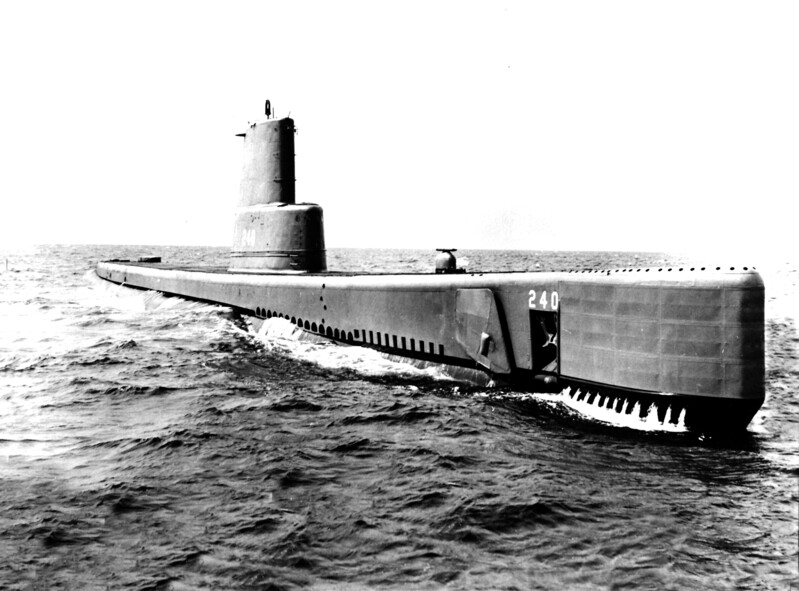 USS Angler (SS-240) - N9406.jpg :: USS Angler (SS-240), Submarine, Korean War - US NAVY PHOTO: USS Angler (SS-240) close up surface 3/4 bow, 30 Sep 1953.