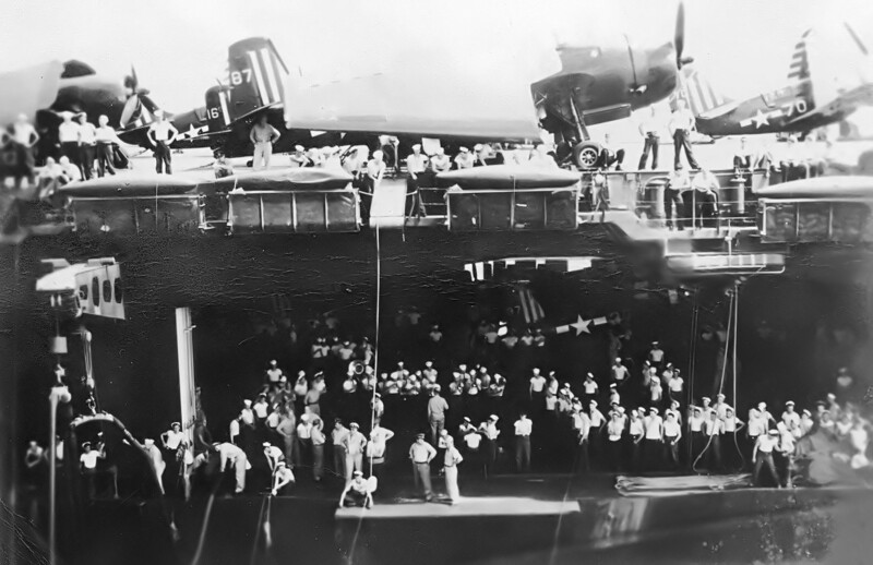 USS Antietam (CVA-36) - N484F.jpg :: USS Antietam (CVS-36), Aircraft Carrier Anti Submarine, Post-WW II - US NAVY PHOTO: View of fueling and high-line activity aboard USS Antietam (CV-36), 23 Aug 1945, as seen from USS Harrison (DD-573). Air Group tail markings are clear. Antietam, Harrison, and Ringgold (DD-500) were detached from TF-38 and en route to Guam at that time. 