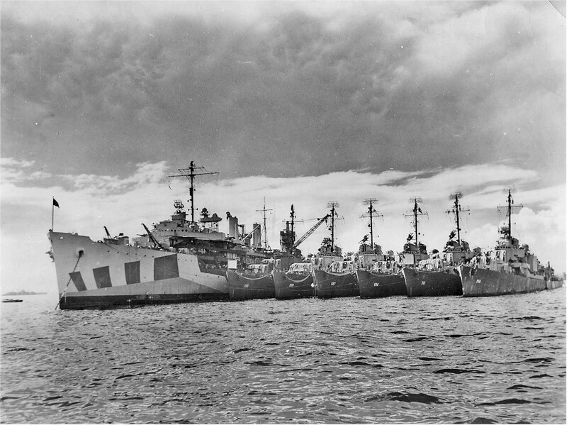 USS Ault (DD-698) - N6718F.jpg :: USS Ault (DD-698), Destroyer, WW II - US NAVY PHOTO: The USS Dixie (AD-14) with a nest of destroyers alongside at Leyte in Apr-May 1945 time frame. The destroyers are from left to right: USS Compton (DD-705), USS Ault (DD-698), USS Charles S. Sperry (DD-697), USS English (DD-696), USS John W. Weeks (DD-701) and USS Borie (DD-704).