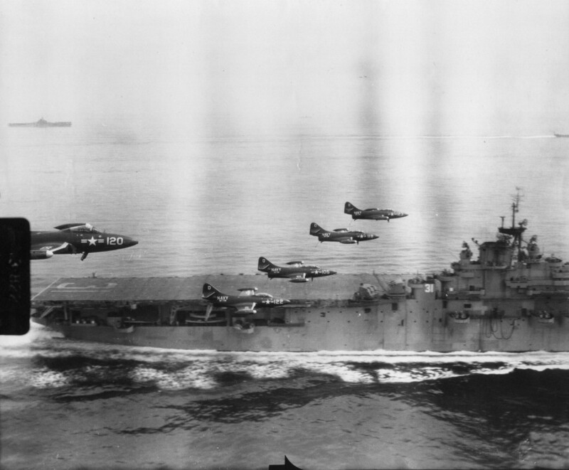 USS Bon Homme Richard (CV-31) - N436F.jpg :: USS Bon Homme Richard (CV-31), Aircraft Carrier, Korean War - US NAVY PHOTO: F9F-2B Panthers attached to VF-781 fly by USS Bon Homme Richard (CV-31) during their 10 May-17 Dec 1951 Korean War Cruise. The photo was apparently taken by one of the F9F-2P's from VC-61 Det. G, \
