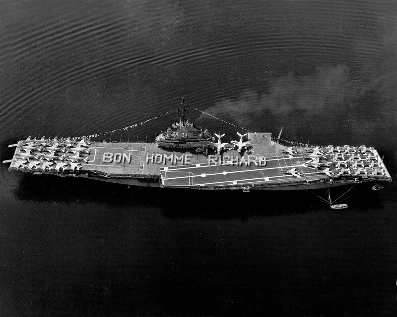 USS Bon Homme Richard (CVA-31) - N437D.jpg :: USS Bon Homme Richard (CVA-31), Aircraft Carrier Attack, Vietnam War - US NAVY PHOTO: USS Bon Homme Richard (CVA-31) at anchor, with Carrier Air Group (CVG) 19 aboard, in a photo dated 2 May 1959.