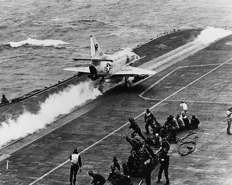 USS Bon Homme Richard (CVA-31) - N438E.jpg :: USS Bon Homme Richard (CVA-31), Aircraft Carrier Attack, Vietnam War - US NAVY PHOTO: USS Bon Homme Richard (CVA-31) catapults an A-4E Skyhawk attack plane (BuNo 151154, modex NP221) assigned to VA-212 \