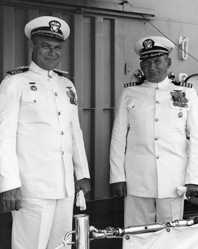 USS Bon Homme Richard (CVA-31) - N438J.jpg :: USS Bon Homme Richard (CVA-31), Aircraft Carrier Attack, Vietnam War - US NAVY PHOTO: CAPT Dickson W. Alderton (right) relieved CAPT Theodore P. Dankworth as Commanding Officer, USS Bon Homme Richard (CVA-31), on Friday, 30 May 1969.
