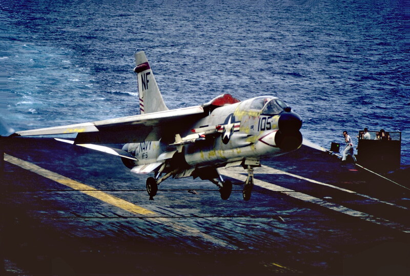 USS Bon Homme Richard (CVA-31) - N438M.jpg :: USS Bon Homme Richard (CVA-31), Aircraft Carrier Attack, Vietnam War - US NAVY PHOTO: F-8J Crusader, BuNo 149143, modex NF105, Fighter Squadron (VF) 51 \