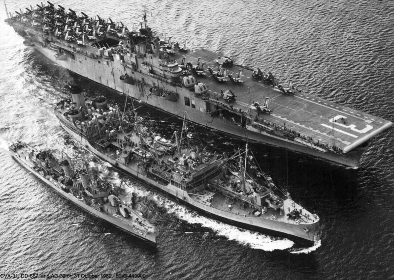 USS Bon Homme Richard (CVA-31) - N447A.jpg :: USS Bon Homme Richard (CVA-31), Aircraft Carrier Attack, Korean War - US NAVY PHOTO: USS Guadalupe (AO-32) refuels destroyer USS Uhlmann (DD-687) and aircraft carrier USS Bon Homme Richard (CVA-31) during operations off Korea, 31 Oct 1952. Carrier Air Group (CVG) 7 was embarked aboard Bonnie Dick.
