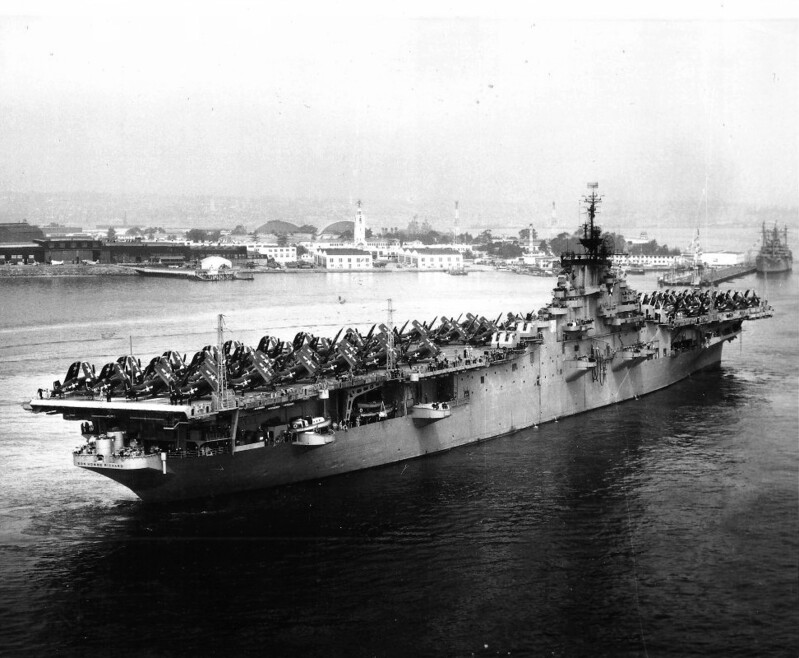 USS Bon Homme Richard (CVA-31) - N447B.jpg :: USS Bon Homme Richard (CVA-31), Aircraft Carrier Attack, Korean War - US NAVY PHOTO: USS Bon Homme Richard (CV-31) deploys for WestPac and the Korean War, with CVG-7 embarked consisting of the following squadrons: VF-71 \