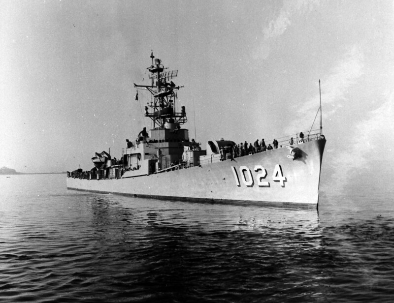 USS Bridget (DE-1024) - N27027.jpg :: USS Bridget (DE-1024), Destroyer Escort, Vietnam War - US NAVY PHOTO: USS Bridget (DE-1024) surface 3/4 bow, 14 Sep 1957.

