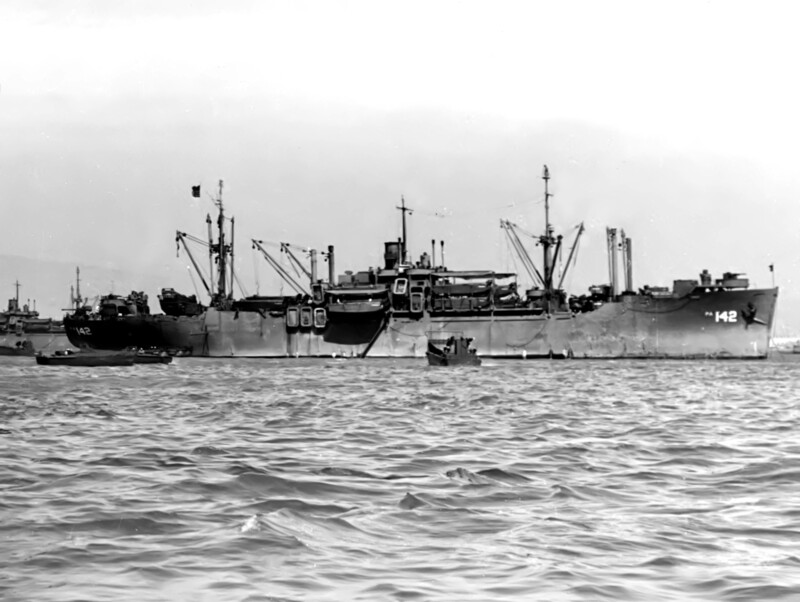 USS Clearfield (APA-142) - N19432.jpg :: USS Clearfield (APA-142), Attack Personnel Transport Ship, WW II - US NAVY PHOTO: The USS Bowie (APA-137) and the USS Clermont (APA-143) unloading supplies in Sasebo harbor drydock No.4, Kyuishu, Japan. Taken by the USS Mount McKinley (AGC-7), 24 Sep 1945.
